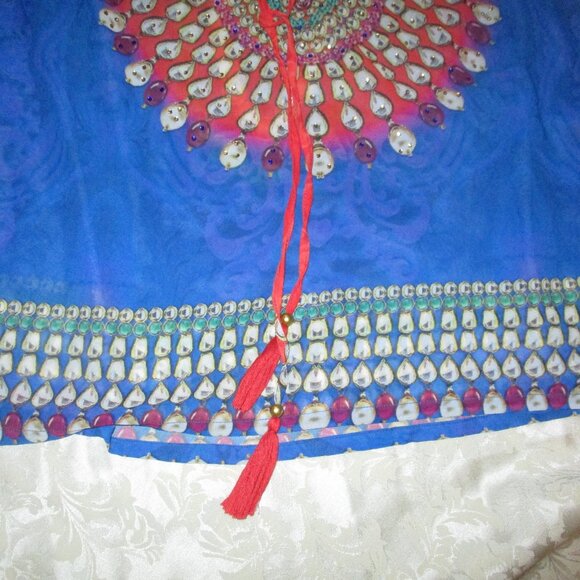NEW  ASA Kaftans Sheer Tassled Top Royal Blue M - Picture 3 of 6